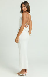 Avelina Midi Dress - Bias Cut Linen Look with Open Tie Back Dress in White